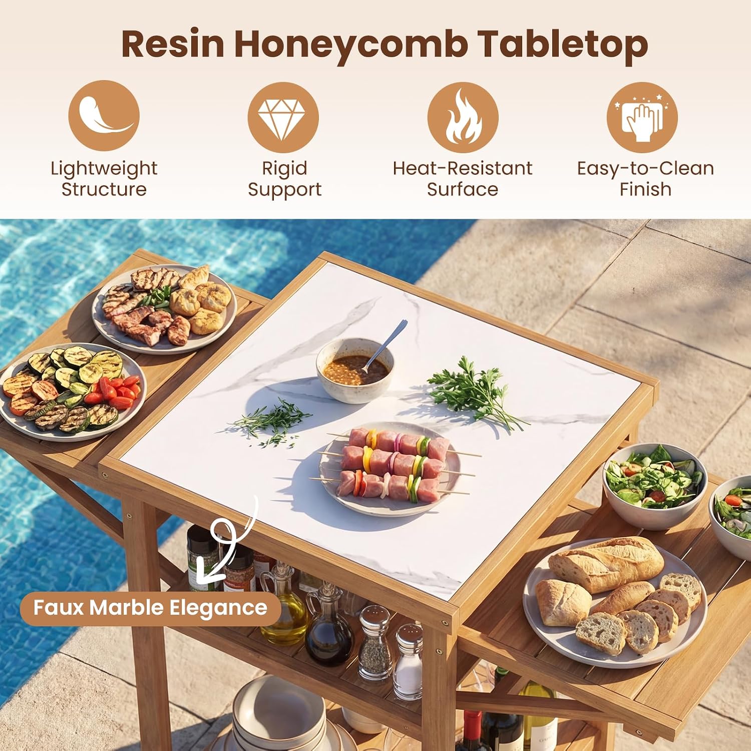 HAPPYGRILL Outdoor Wood Grill Table, Outside Kitchen Island & BBQ Prep Table w/Faux Marble Top, Drop-Leaf Side Panels & 2-Tier Open Shelves, Acacia Wood Pizza Oven Grill Cart for Patio Backyard Party