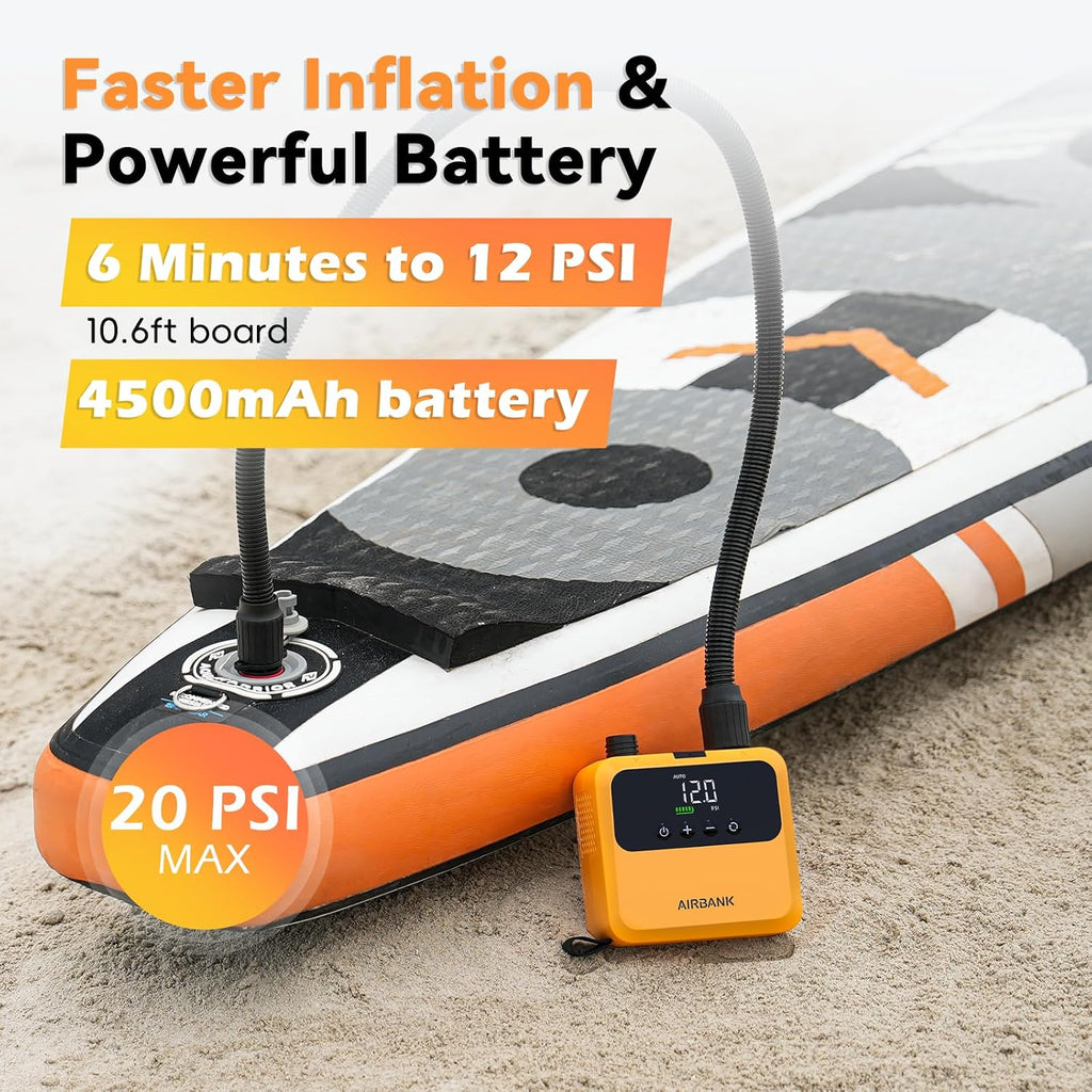 AIRBANK Mini Paddle Board Pump Pulse Pro, Small Rechargeable SUP Pump Electric Portable, Brushless Motor, MAX 20PSI, Fast Inflation Air Pump for Kayak, Inflatables, Boats, Tent, Kite Wings