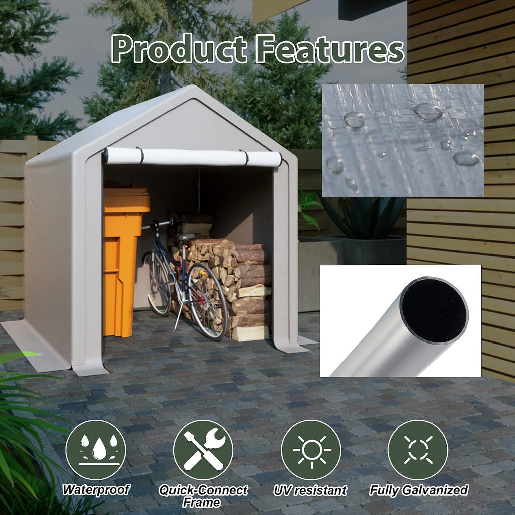6 x 6 ft Portable Outdoor Storage Tent Shelter Shed, Heavy Duty Storage Tent with Roll-up Doors Shelter for Garden Tool, Lawn Mower, Motorcycleand, Bike - Gray