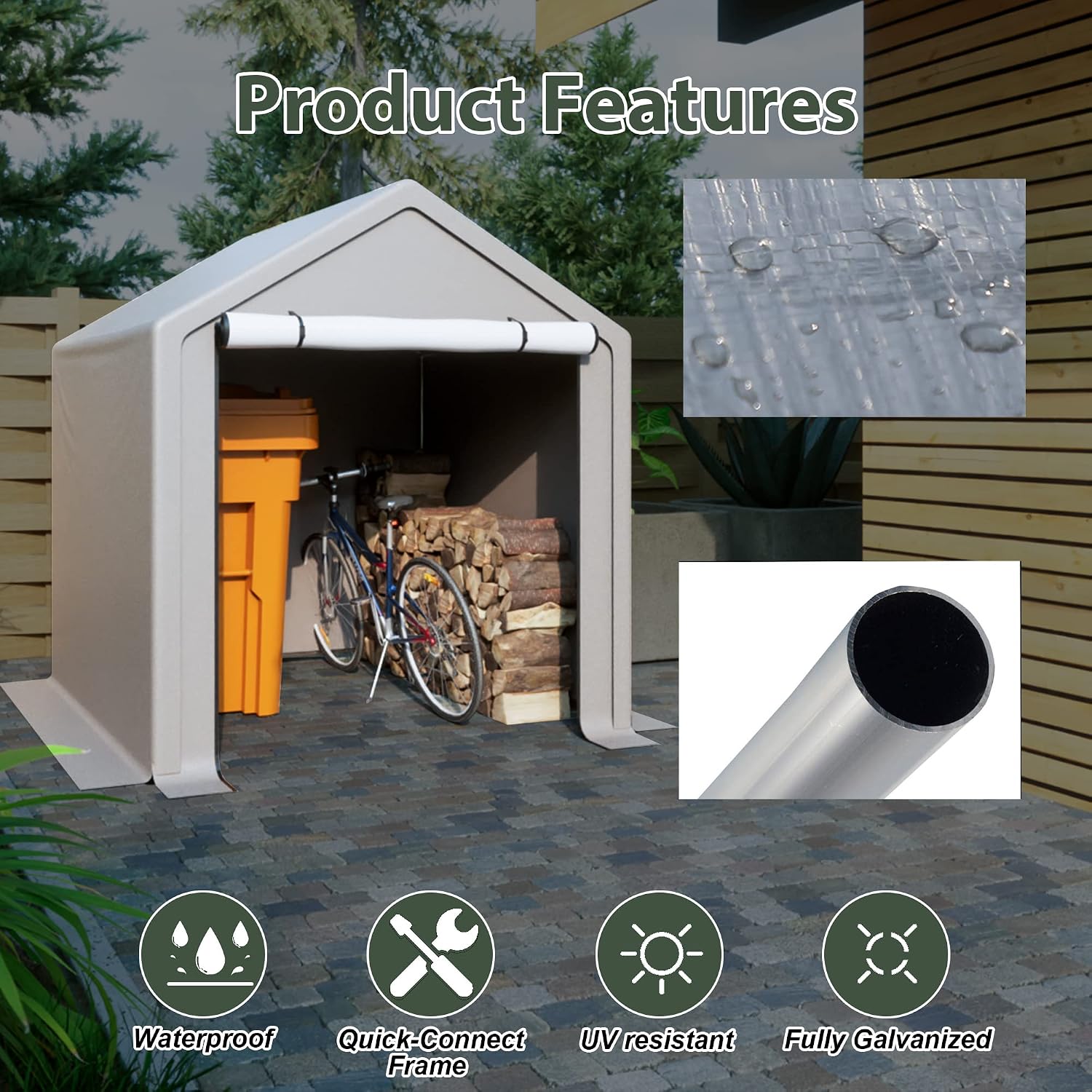 6 x 6 ft Portable Outdoor Storage Tent Shelter Shed, Heavy Duty Storage Tent with Roll-up Doors Shelter for Garden Tool, Lawn Mower, Motorcycleand, Bike - Gray
