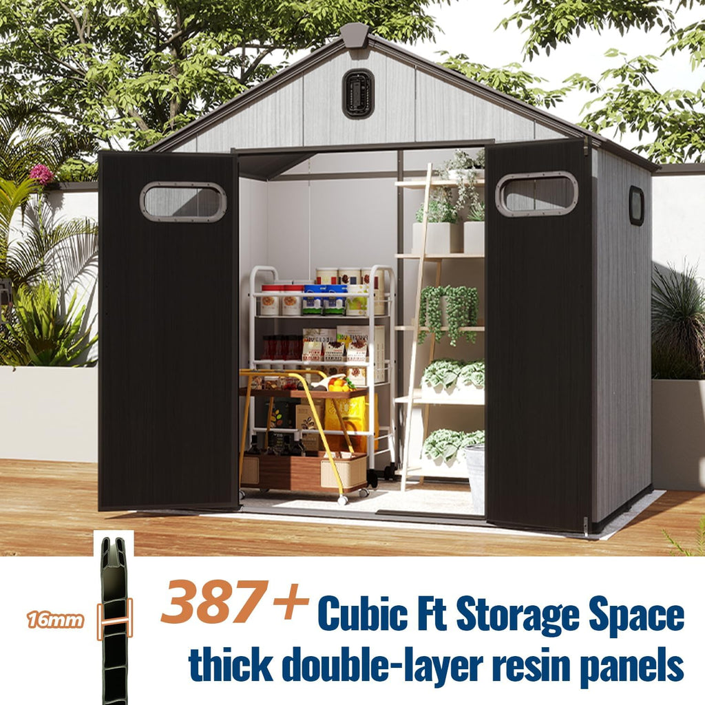 Domi 8x8Ft Resin Outdoor Storage Shed, Plastic Garden Shed with Carpet, Outside Weatherproof Storage Building for Tools, Bike, Lawn Mower, Patio, Backyard