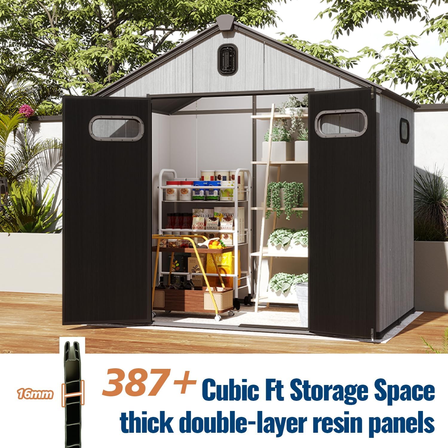 Domi 8x8Ft Resin Outdoor Storage Shed, Plastic Garden Shed with Carpet, Outside Weatherproof Storage Building for Tools, Bike, Lawn Mower, Patio, Backyard