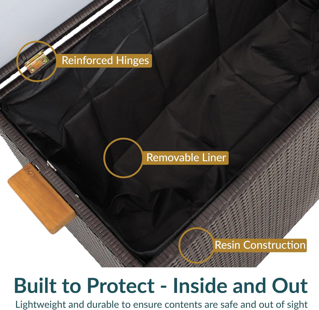 Sunnydaze Faux Wicker Storage Box - Outdoor Deck Box with Handles - 75-Gallon Front Door Package Delivery Box with Hinged Lid - Brown