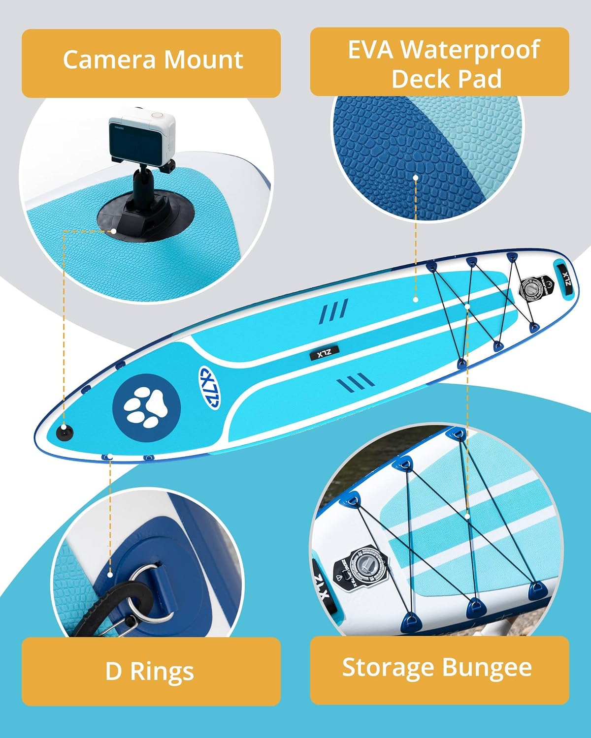 ZLX Inflatable Stand Up Paddle Board, 10'6' SUP Non-Slip Stable Deck Pad, Unique Center Fin, Premium Accessories, Paddleboard for Adults, Beginners, All Skill Levels