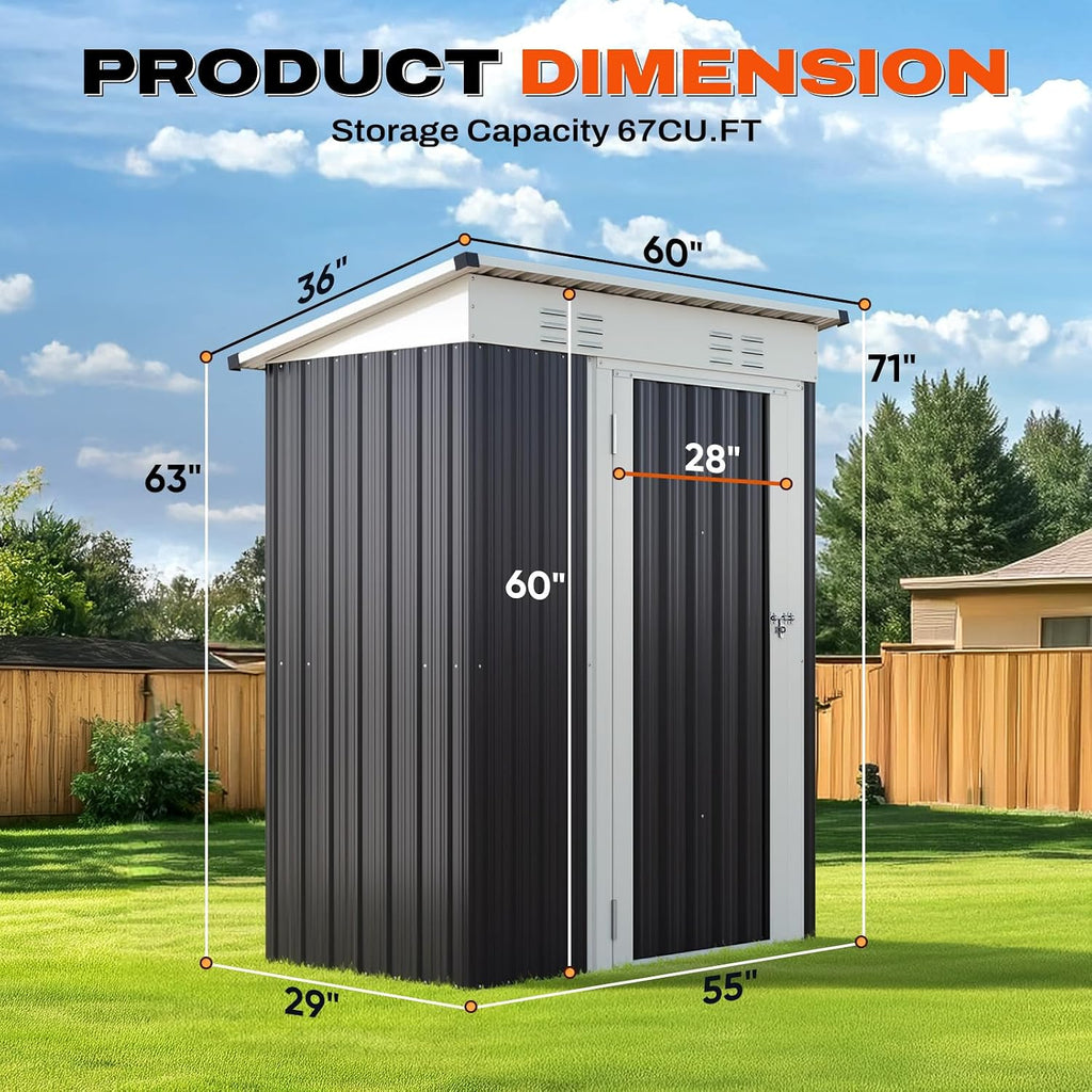 Quictent 5x3 FT Outdoor Storage Shed, Metal Garden Tool Shed with 2-Way Sloping Roof & 28' Wide Lockable Door, Waterproof Galvanized Steel for Backyard Garden Patio Lawn, Dark Gray