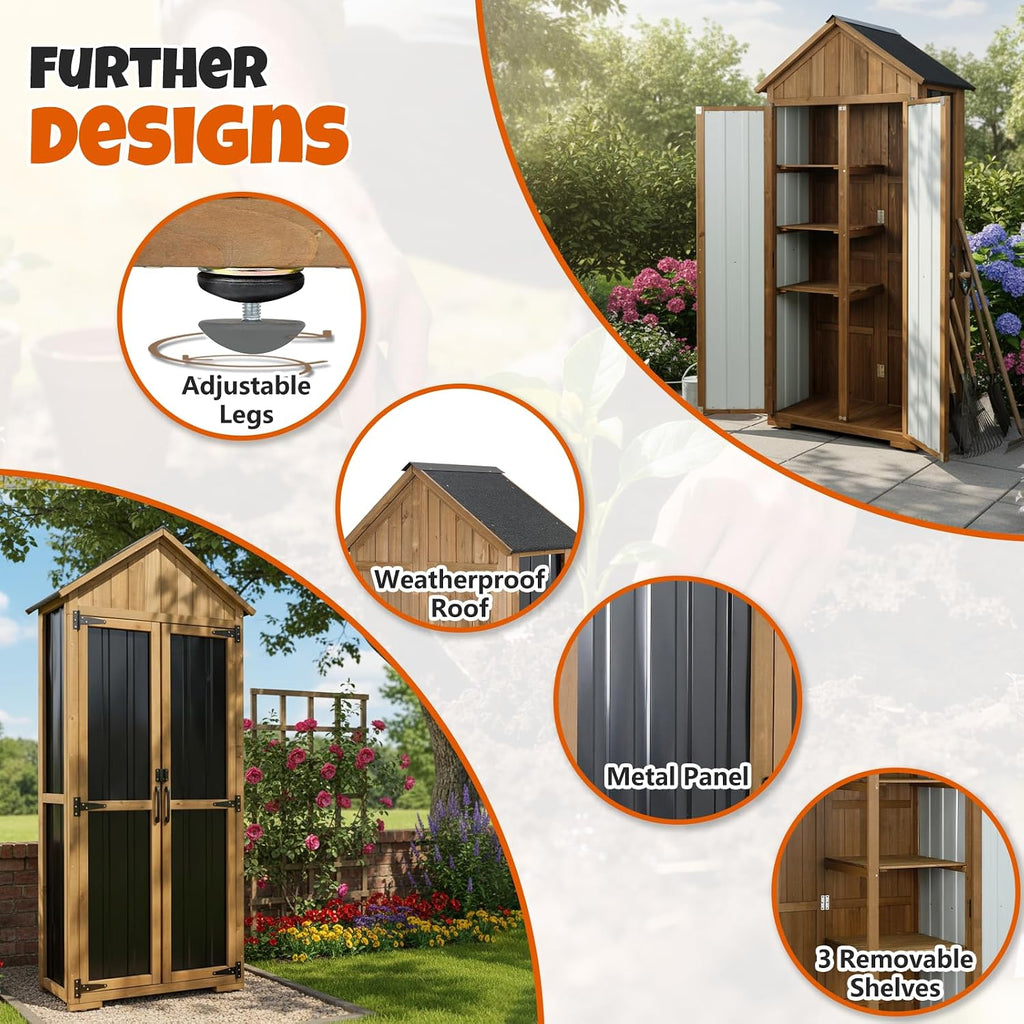 Outdoor Storage Cabinet with Shelves, Wood & Metal Storage Shed with Weatherproof Roof, 3 Removable Shelves, Double Lockable Doors, Adjustable Feet, Outside Storage Cabinet for Garage,Backyard, Patio