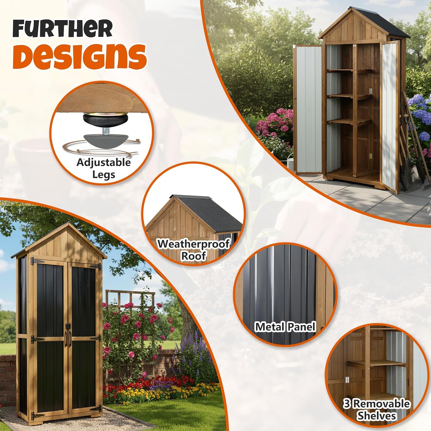Outdoor Storage Cabinet with Shelves, Wood & Metal Storage Shed with Weatherproof Roof, 3 Removable Shelves, Double Lockable Doors, Adjustable Feet, Outside Storage Cabinet for Garage,Backyard, Patio