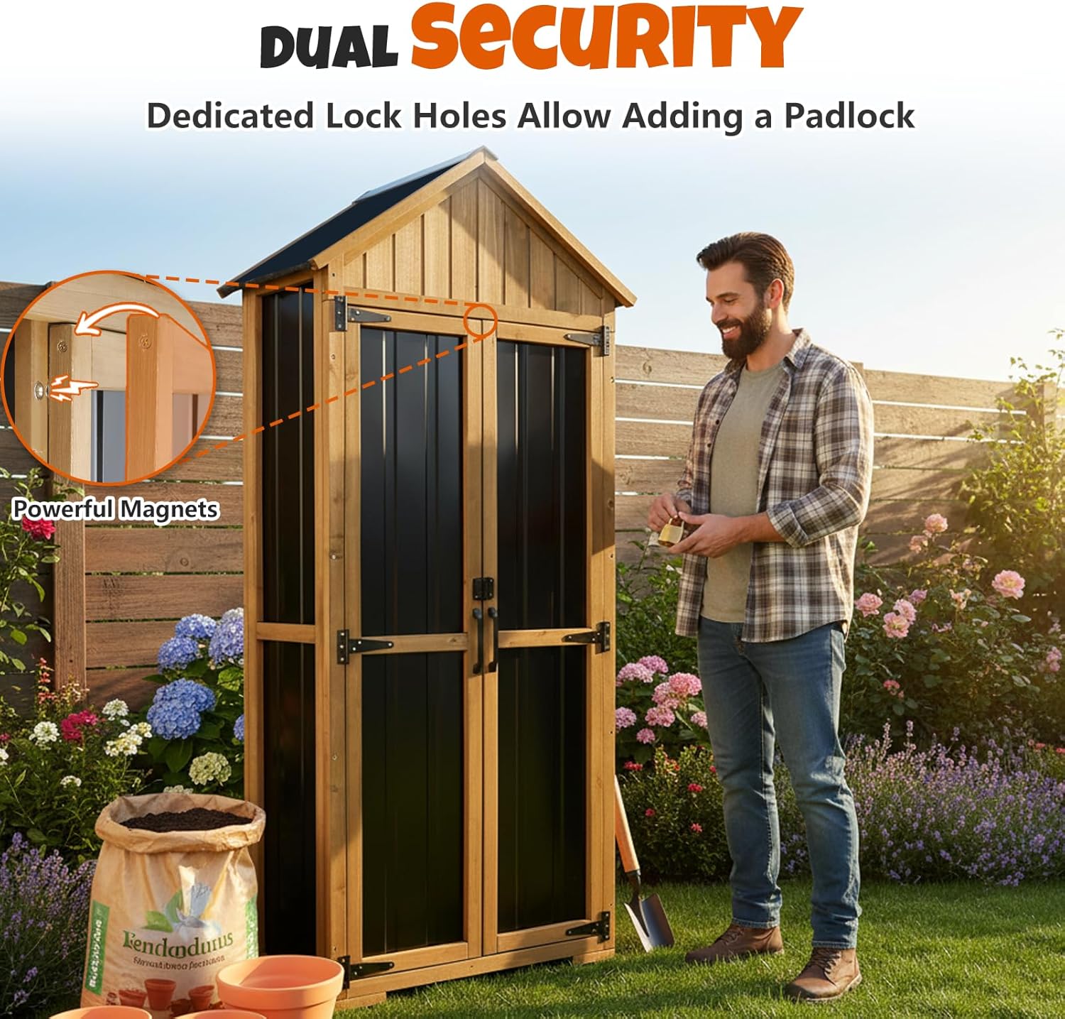 Outdoor Storage Cabinet with Shelves, Wood & Metal Storage Shed with Weatherproof Roof, 3 Removable Shelves, Double Lockable Doors, Adjustable Feet, Outside Storage Cabinet for Garage,Backyard, Patio