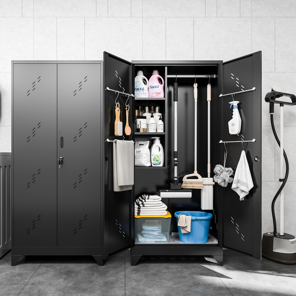 VASAAOSD Metal Garage Storage Cabinet, 75' Cleaning Tool Cabinet with Hooks and Hanging Rods, Heavy Duty Garden Tool Organizer, Broom Cabinets for Home, Garage, Laundry Room, Gym, Workshop
