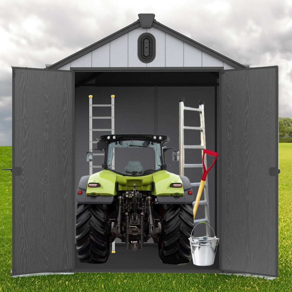 YOPTO 6x8 FT Outdoor Storage Shed with Hinge Door,Window & Air Vent,Outdoor Plastic Tool House W/Waterproof Tilted Roof,Heavy Duty Stroage Unit for Backyard,Patio,Lawn,Garden,Grey+Black