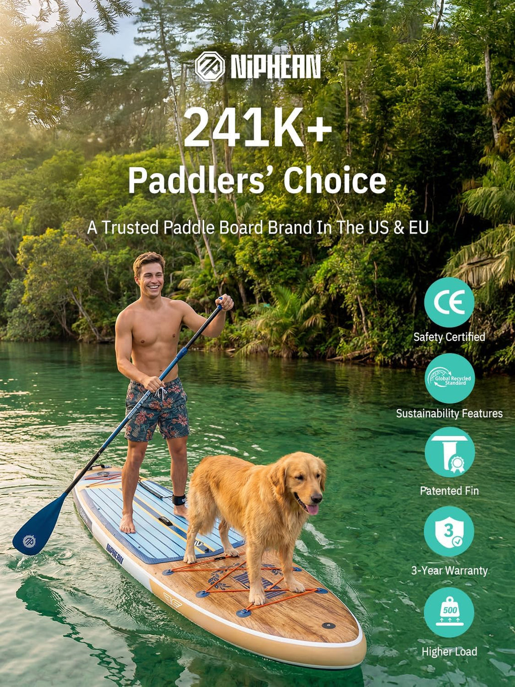 Niphean (Extra Large) Inflatable Paddle Board, SUP for 2+1 People/Family 500lbs Capacity Stand Up Paddle Board with SUP Accessories, StabilTrac Fin Non-Slip Paddleboard for Adults