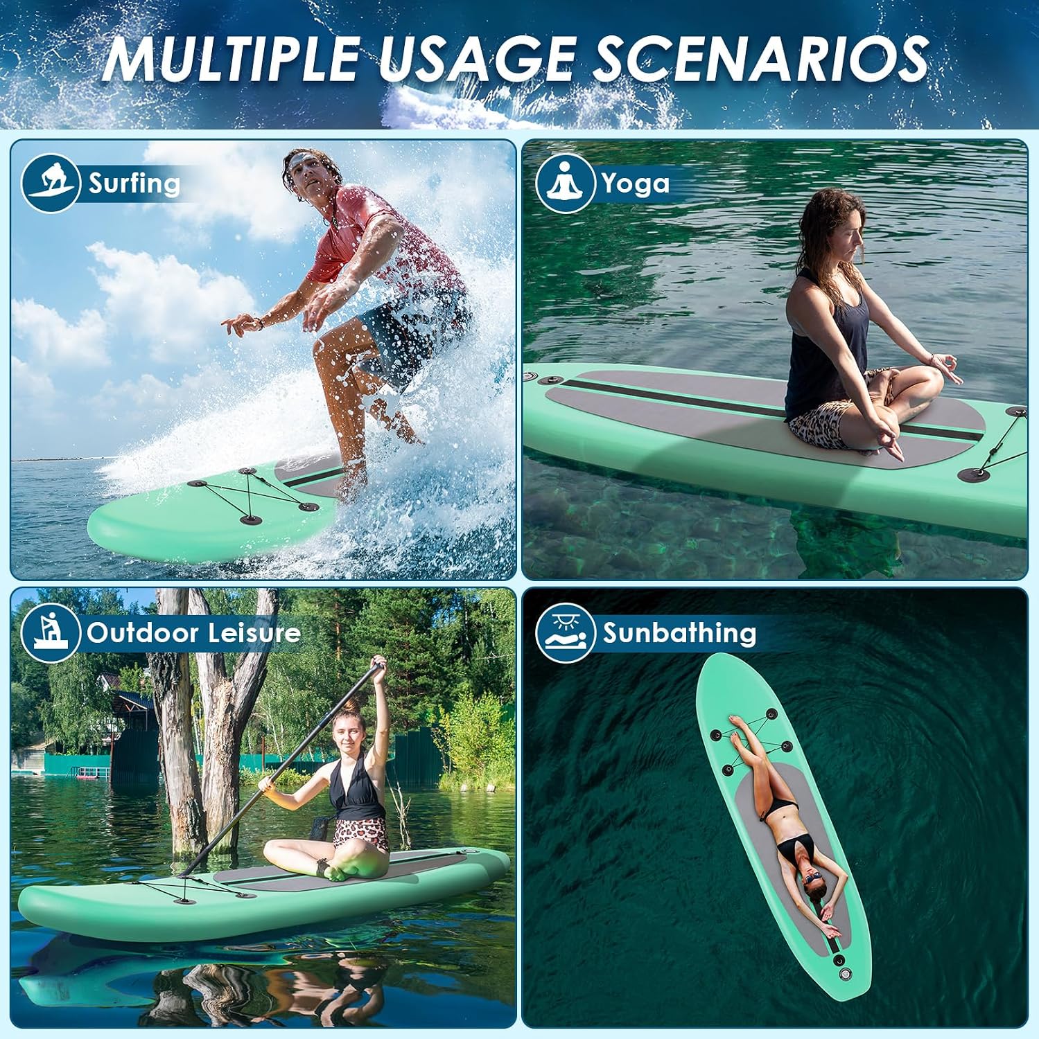 TLSUNNY 12FT Inflatable Stand Up Paddle Board, 3 Fins Paddleboard with Full SUP Accessories for All Skill Levels, Portable Two-Way Hand Pump and Carry Bag, 400LBS