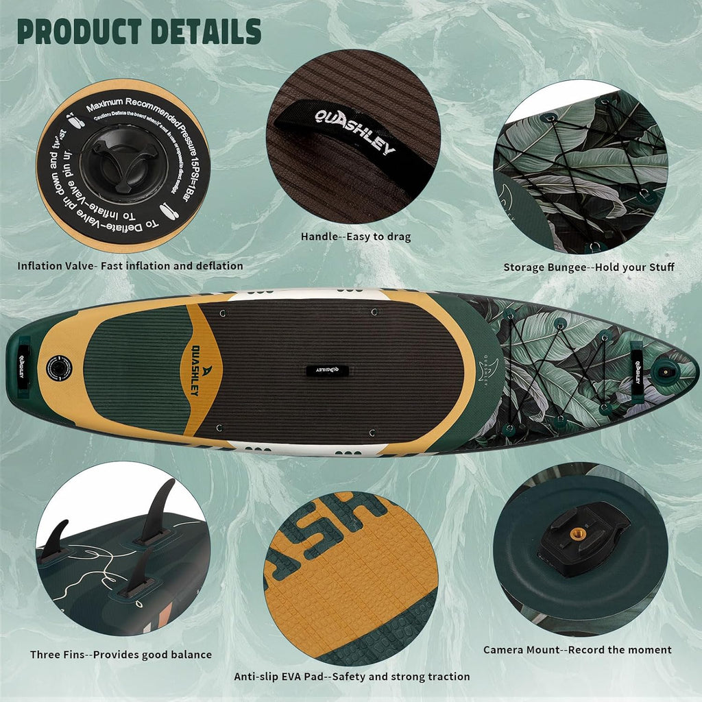 Quashley Inflatable Paddle Board Extra Wide Stand Up Paddleboards 11'×34' with All Premium Paddle Board Accessories,Inflatable SUP for Adults/Family,Beginner-Friendly,Removable Fin,Hand Pump