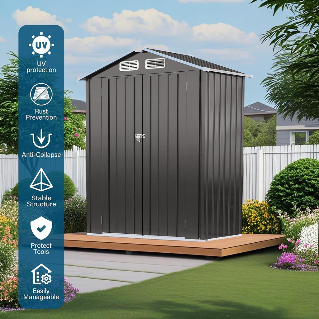 5X3 FT Metal Storage Shed, Tool Shed Outdoor Storage with Peaked Roof Waterproof and Clear Window, Metal Storage Shed with Lockable Door, Galvanized Steel Outdoor Shed for Backyard Patio,Gray