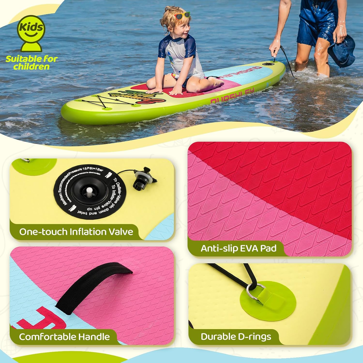 Quashley Kids Inflatable Paddle Boards,Stand Up Paddle Board for Children with Adjustable Paddle,Pump,Leash & Backpack for Lake,Ocean & River Swimming and Surfing