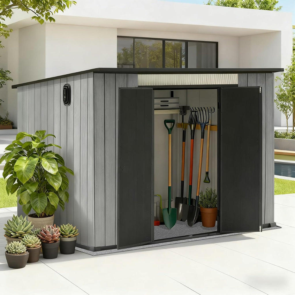 Domi 6x9FT Lean to Resin Shed, Plastic Outdoor Storage Shed with Carpet, Outside Storage Building for Garden Tools, Bike, Lawn Mower, Yard