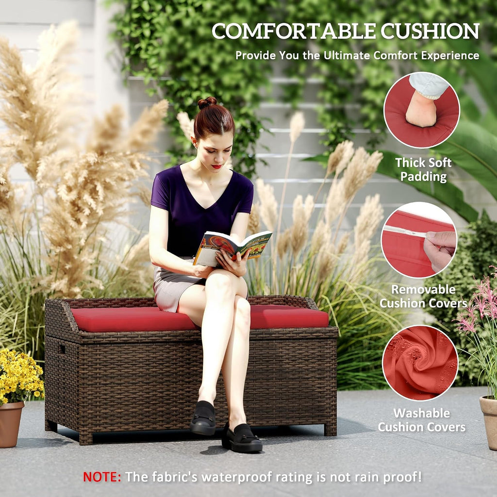Outsunny 34 Gallon Outdoor Wicker Storage Bench Deck Box, PE Rattan Patio Furniture Pool Storage Bin Container with Interior Waterproof Cloth Bag and Comfortable Cushion, Red