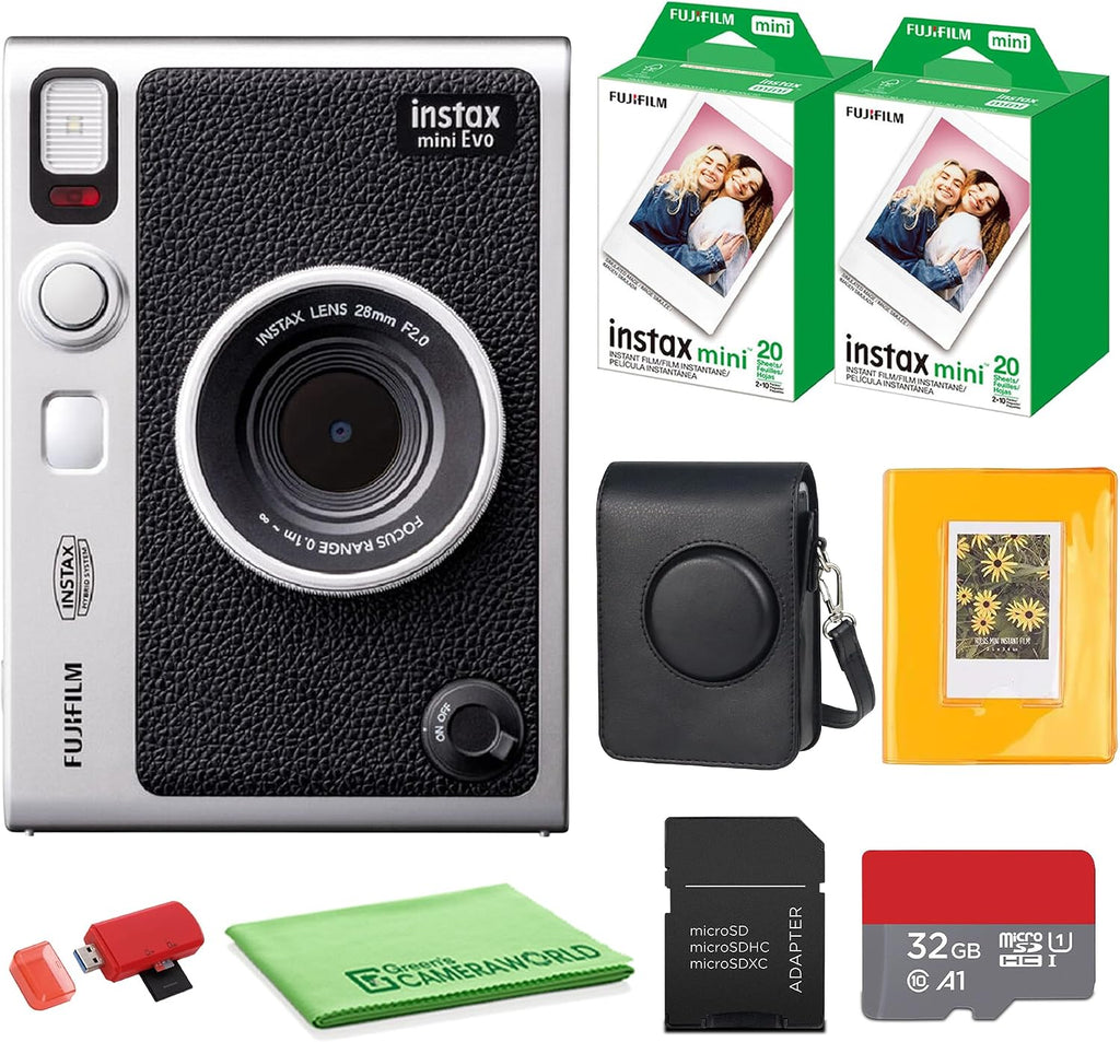 FUJIFILM INSTAX MINI EVO Hybrid Instant Camera (Black) Bundle with Fuji Instax-Mini-Instant Film Value Pack (40 Sheets) + 32GB Memory Card + Carrying Case + Photo Album 64 Pockets + Cleaning Cloth