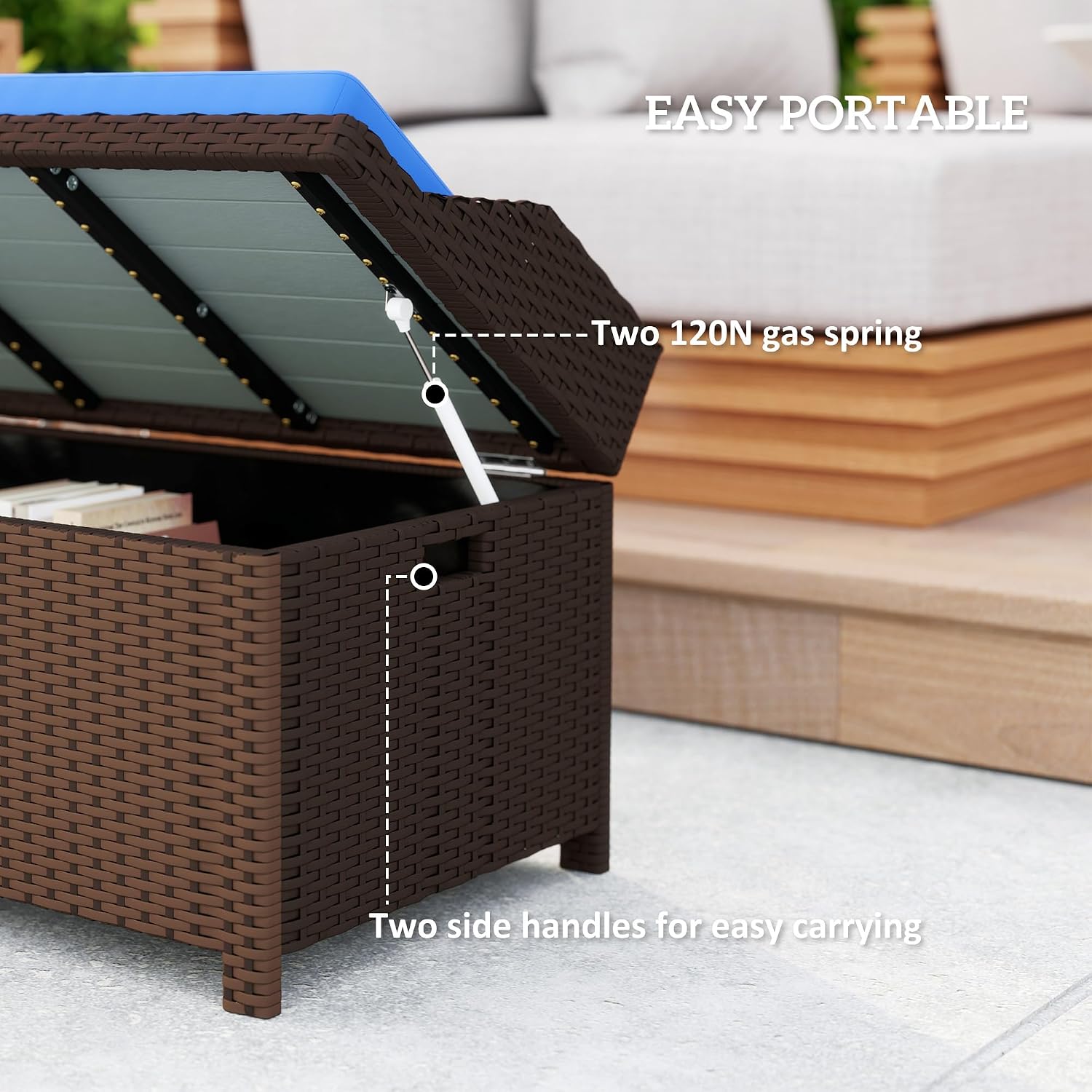 Outsunny Outdoor Wicker Storage Bench Deck Box, PE Rattan Patio Furniture Pool Storage Bin Container with Interior Waterproof Cloth Bag and Comfortable Cushion, Navy Blue