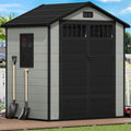 DWVO 6x4.4 FT Resin Storage Shed with Fence-Style and Side Windows, Lockable Door, and Vents Outdoor Storage Shed for Garden, Backyard, Patio, Lawn
