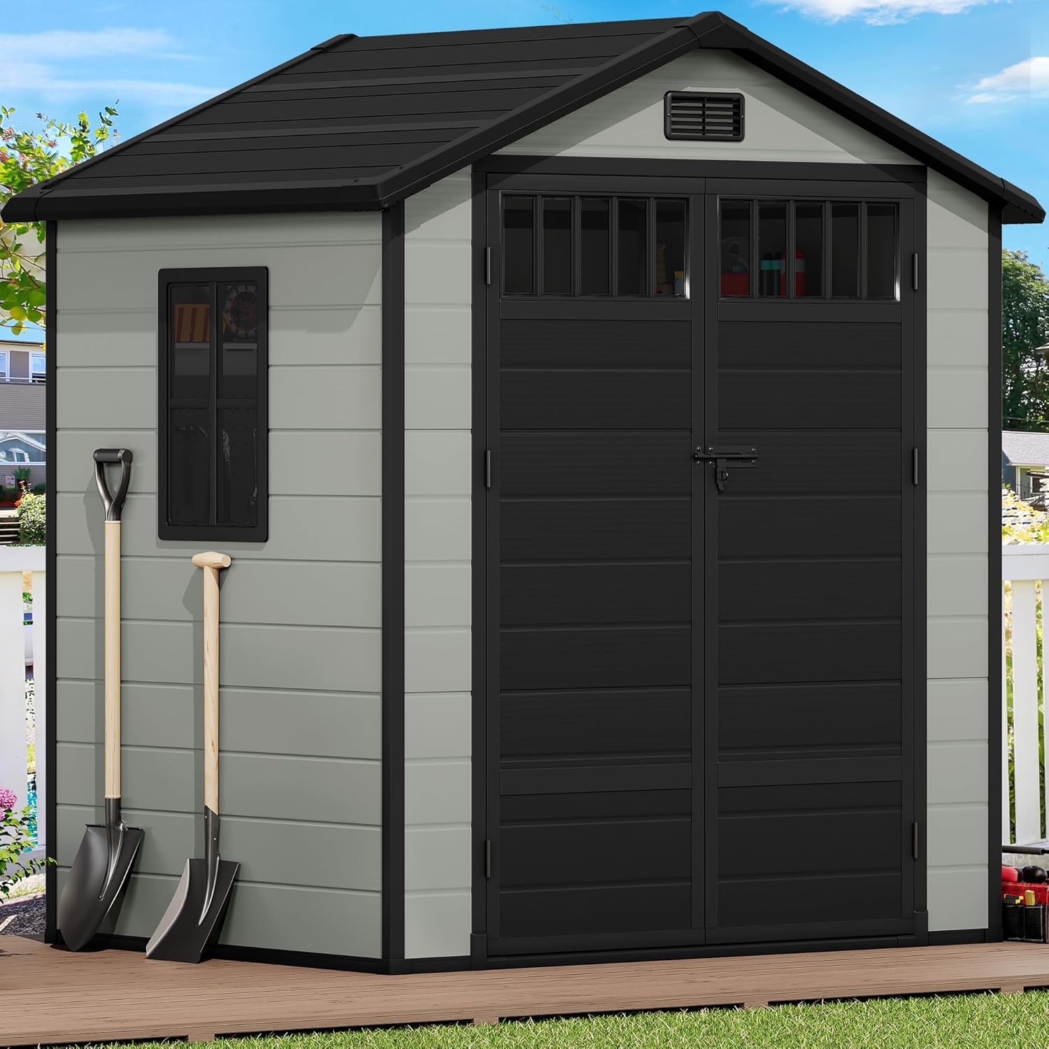 DWVO 6x4.4 FT Resin Storage Shed with Fence-Style and Side Windows, Lockable Door, and Vents Outdoor Storage Shed for Garden, Backyard, Patio, Lawn