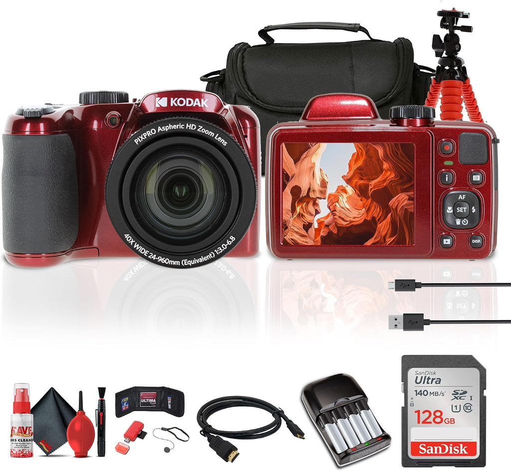 Kodak Pixpro AZ405 Digital Camera in Red (AZ405RD) Bundle Including: 128 GB Memory Card, Rechargeable Batteries, Case, Flexible Tripod, Neck Strap, Lens Caps, Full Cleaning Kit, More Accessories
