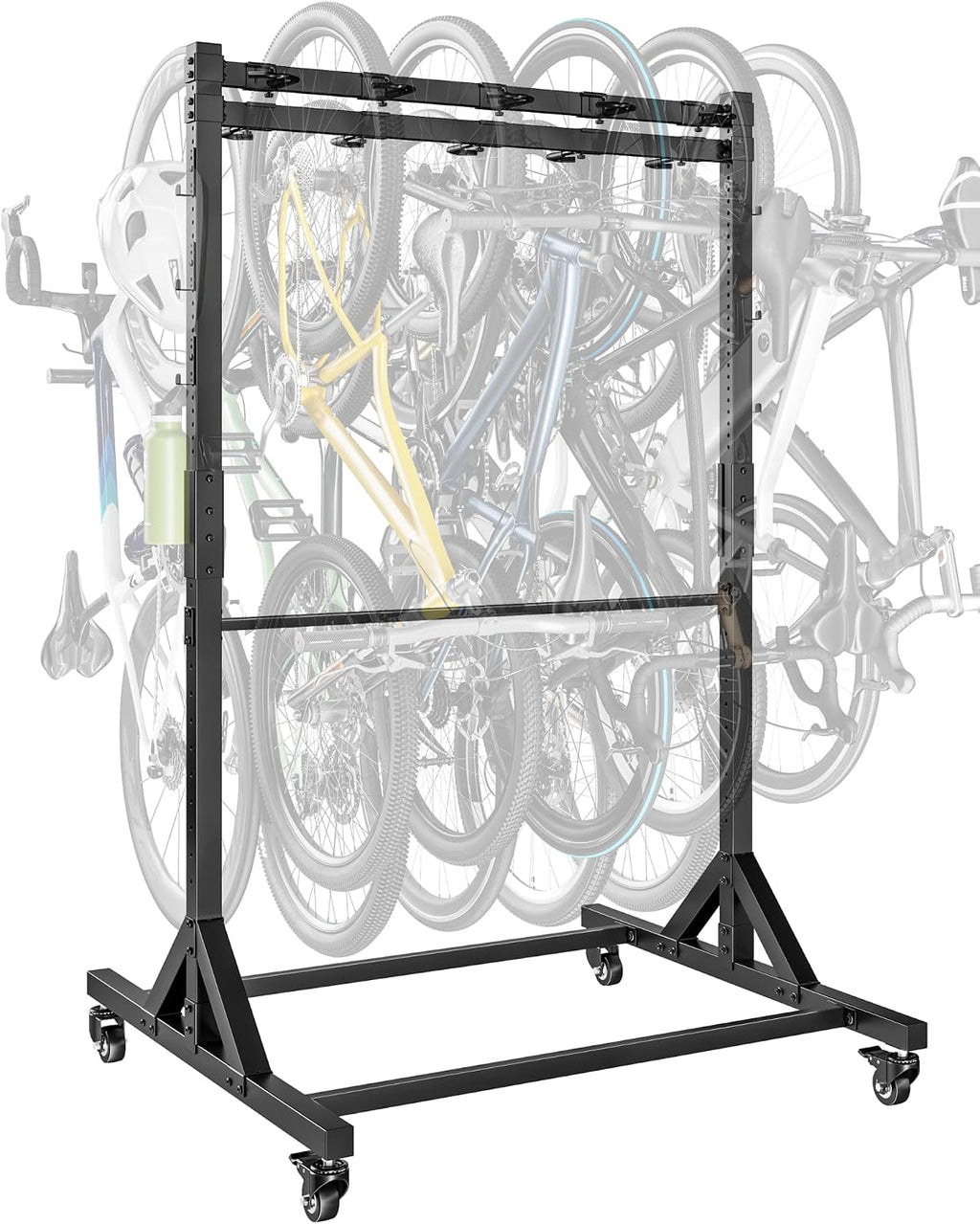 monTEK Freestanding Bike Storage Rack for 10 Bikes, Heavy Duty 617LBS Vertical Bike Stand with 10 Bike Hooks & 6 Helmet Hooks, Indoor and Outdoor Bike Storage Rack with Locking Casters