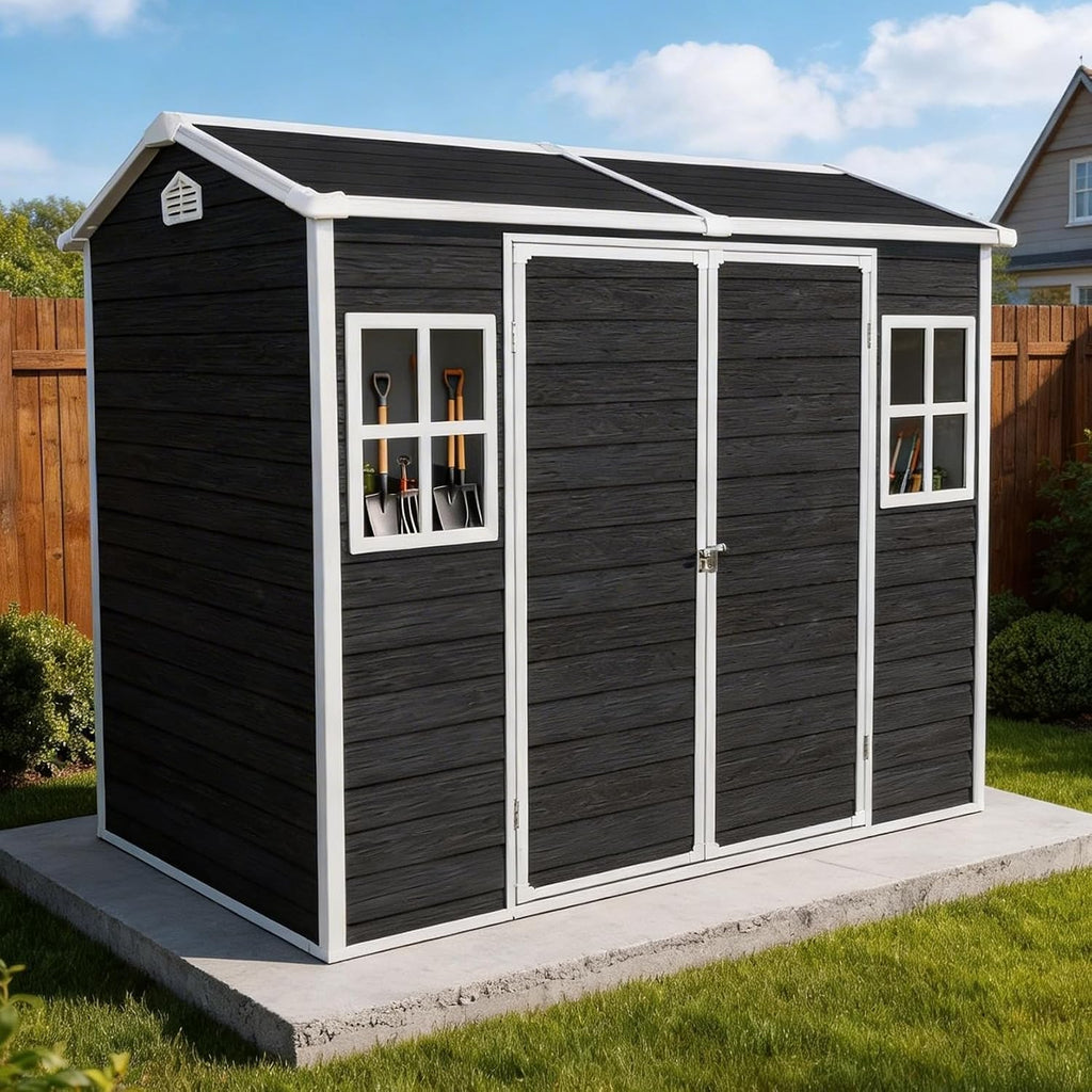 8x4 FT Resin Shed with Floor Included, Plastic Sheds & Outdoor Storage Clearance with 2 Windows and Lockable Door for Backyard, Bike, Garden Tools (Black)