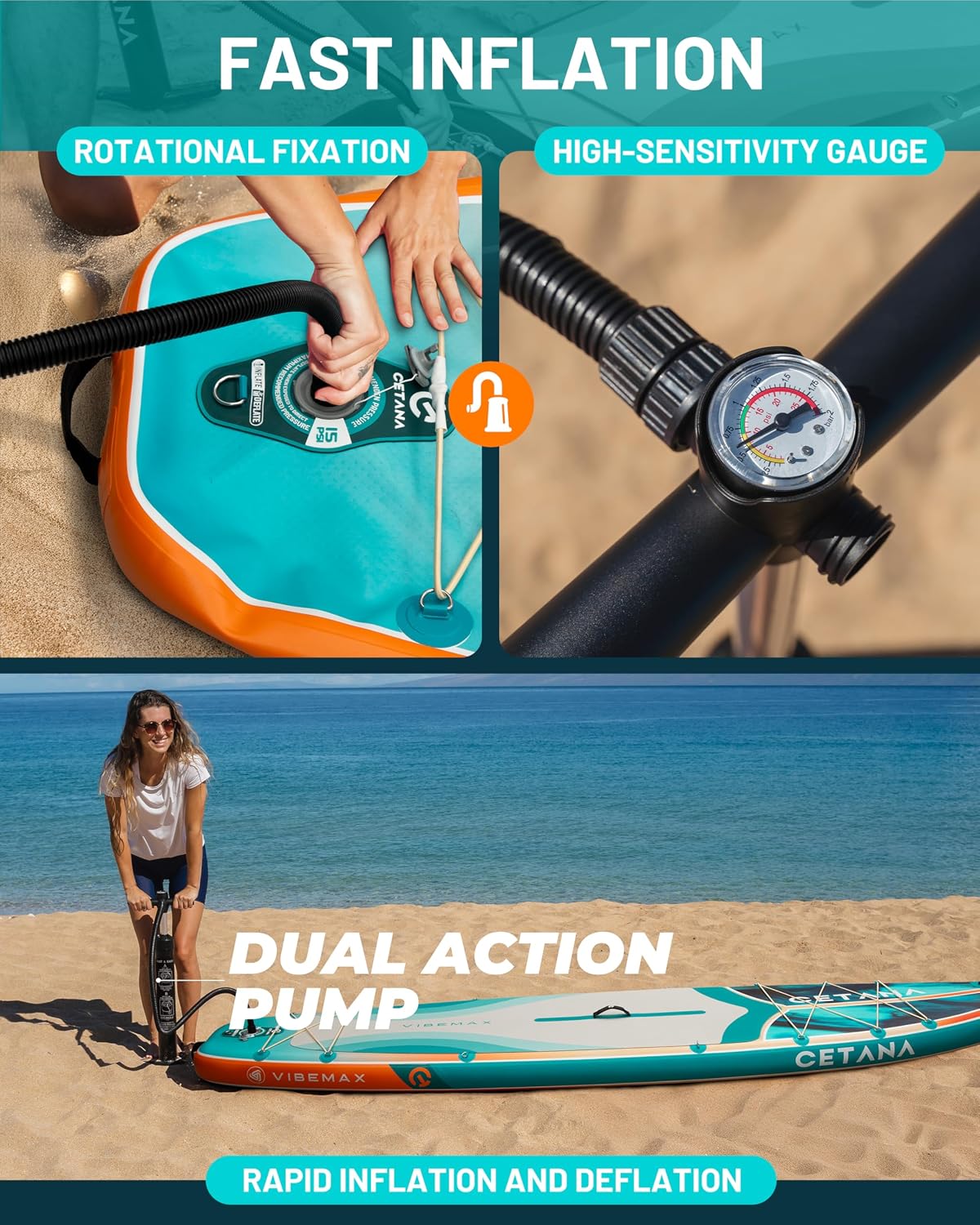 CETANA 11'6×35' Extra Wide Inflatable Paddle Board,Stand Up Paddle Board for Beginner,450lb Capacity SUP for Family with Safety Leash,3 Removable Fins,Dual-Action Pump& Floating Paddle