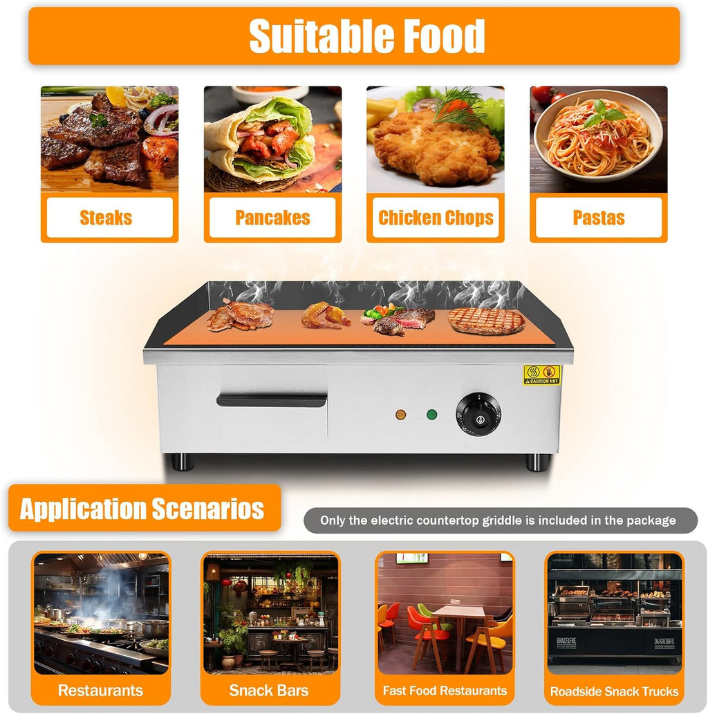 22' Commercial Electric Griddle Countertop Flat Top Griddle Stainless Steel Hibachi Teppanyaki Grill BBQ Plate 122-572℉ Adjustable Temp Control for Restaurant Kitchen,110V (3000W)