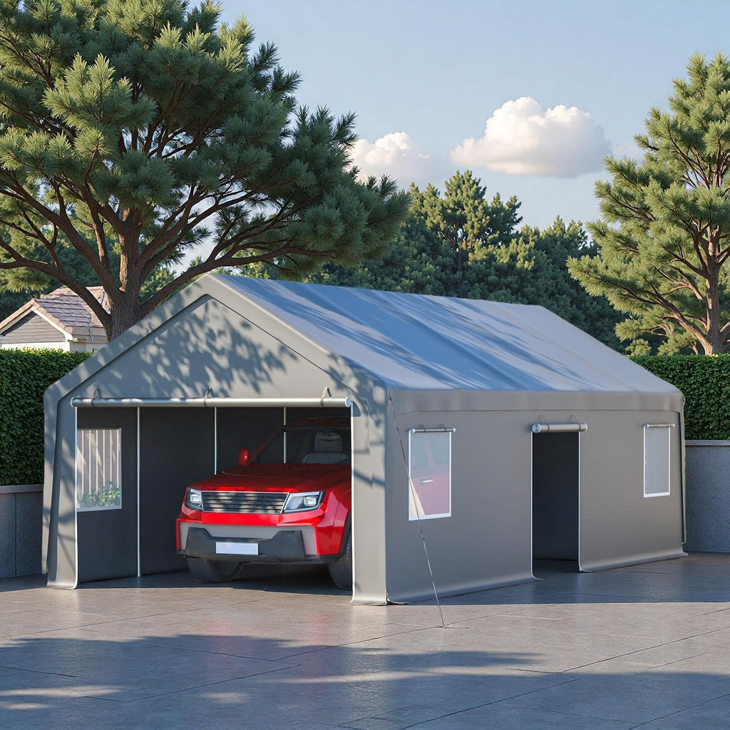 13x26 FT Heavy Duty Carport, Outdoor Storage Shed Tent with 2 Roll-Up Doors, 1 Side Door, Removable End Walls & Windows, All-Weather Portable Garage Shelter with 12-Leg Stability Frame, Grey