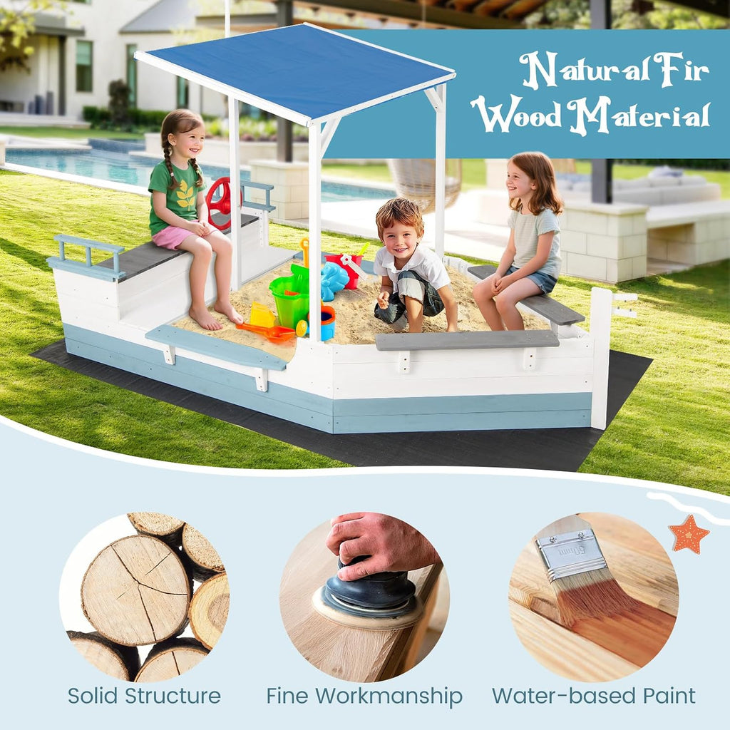 HONEY JOY Pirate Ship Kids Sandbox, Wooden Sand Box w/Storage Bench, Seat, Ground Liner, Sandpit Boat w/Rudder, Buoy, Realistic Flag, Children Outdoor Furniture for Backyard, Lawn, Garden