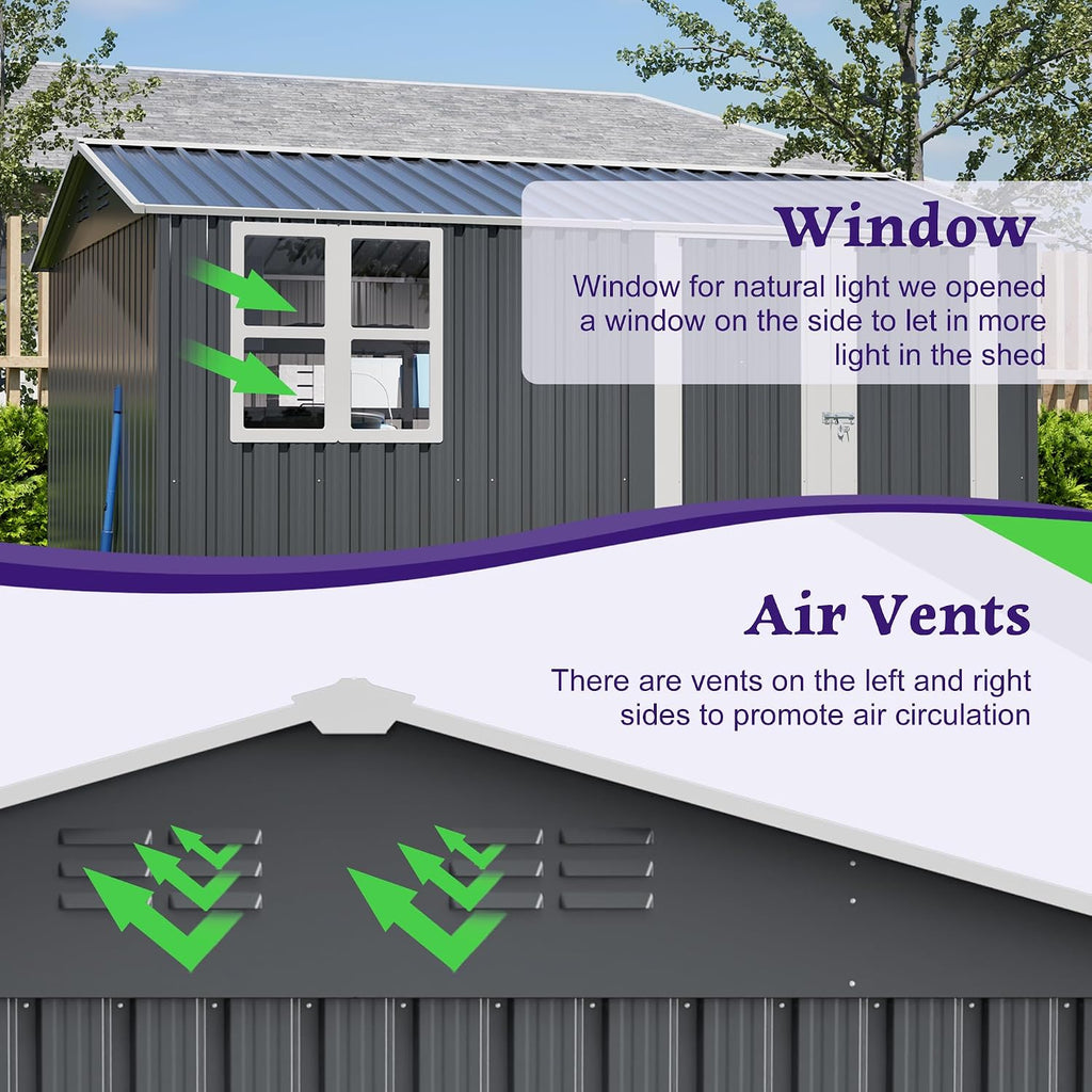 YOPTO 10X8 FT Outdoor Storage Shed,Metal Shed W/Window,Floor Frame & Lockable Swing Door,Garden Tool House W/ 4 Air Vents & Sloped Roof,for Backyard Patio Lawn,Gray