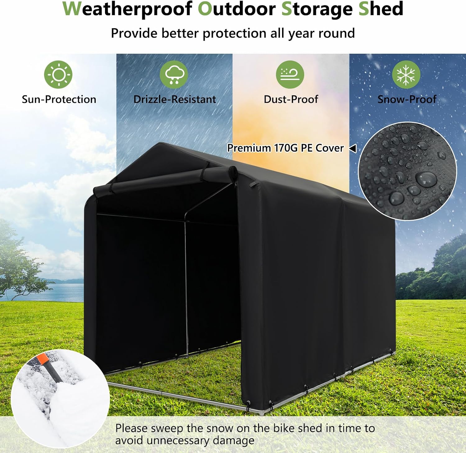 Goplus Portable Storage Shed, 7 x 5.2 x 5.4 Ft Heavy Duty Motorcycle Shed w/Roll-Up Zipper Door, Metal Frame, Waterproof Cover & Wind Rope, Outdoor Storage Tent Shelter for Bike, Garden Tools