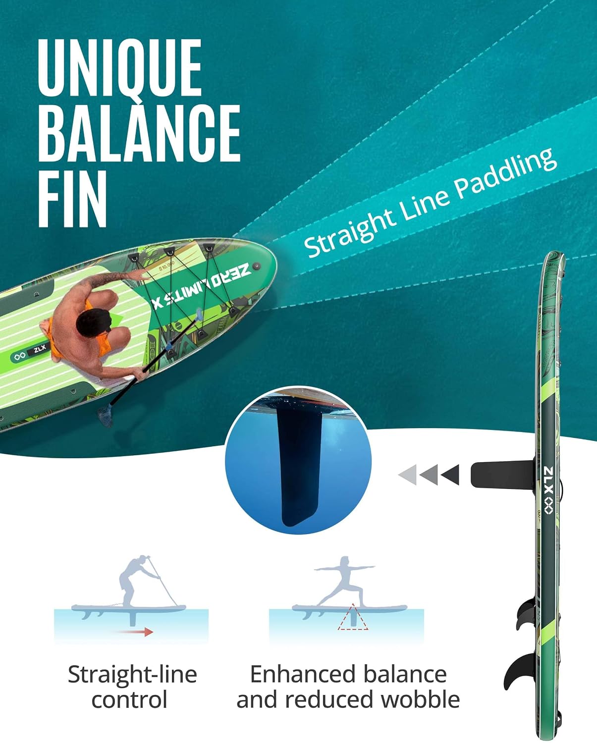 ZLX Inflatable Stand Up Paddle Board, 10'6' SUP Non-Slip Stable Deck Pad, Unique Center Fin, Premium Accessories, Paddleboard for Adults, Beginners, All Skill Levels