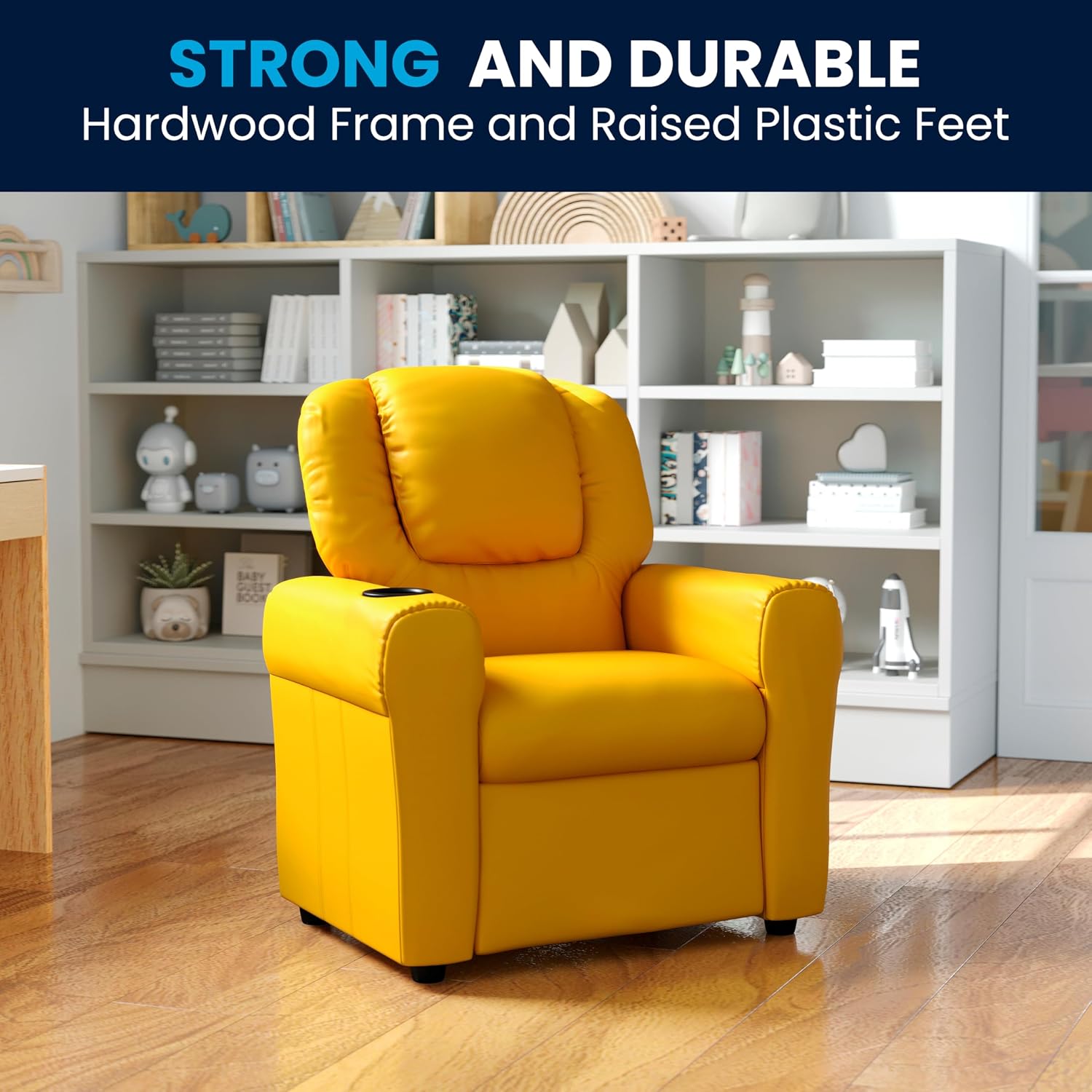 Flash Furniture Vana Vinyl Kids Recliner with Cup Holder, Headrest, and Safety Recline, Contemporary Reclining Chair for Kids, Supports up to 90 lbs., Yellow