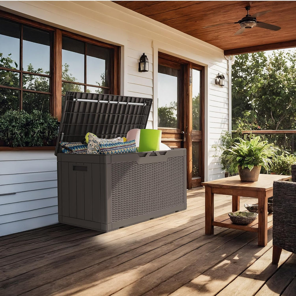 GUNJI 100 Gallon Resin Deck Box with Cushion,Outdoor Weatherproof Large Storage Box,Lockable Storage Container for Patio Furniture,Garden Tools,Pool Supplies (Brown)