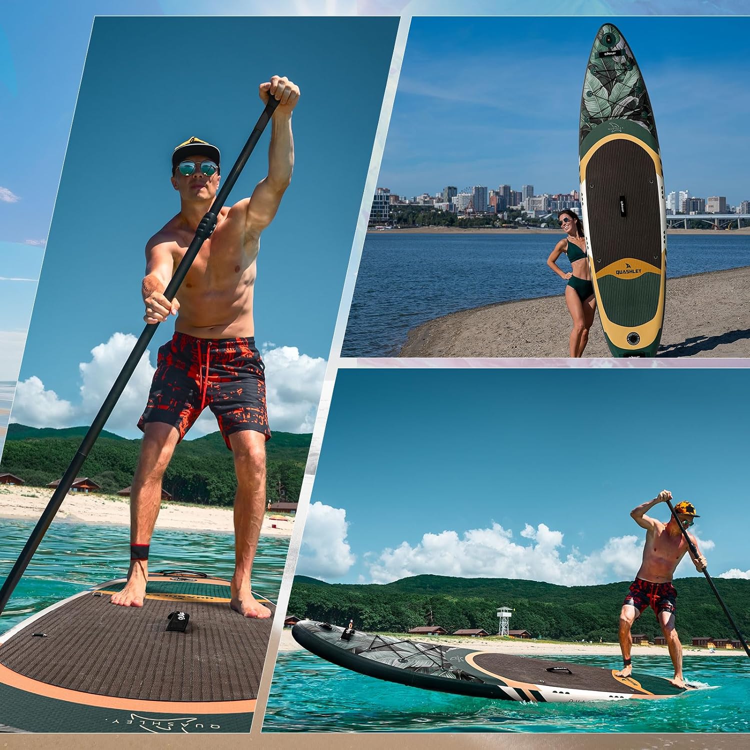 Quashley Inflatable Paddle Board Extra Wide Stand Up Paddleboards 11'×34' with All Premium Paddle Board Accessories,Inflatable SUP for Adults/Family,Beginner-Friendly,Removable Fin,Hand Pump