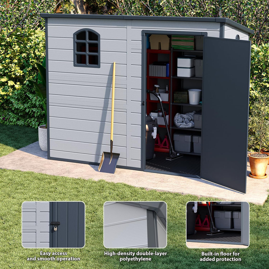 Storage shed 8.1x4.7 ft, Lean to Resin Shed, Storage Sheds Outdoor with Floor, Outdoor Sheds Garden Tools Bike Shed, Garden Sheds & Outdoor Storage Sloping Roof, Lockable Door, Window for Lawn, Patio