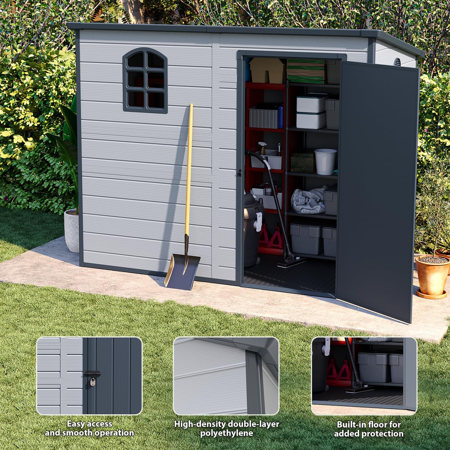 Storage shed 8.1x4.7 ft, Lean to Resin Shed, Storage Sheds Outdoor with Floor, Outdoor Sheds Garden Tools Bike Shed, Garden Sheds & Outdoor Storage Sloping Roof, Lockable Door, Window for Lawn, Patio