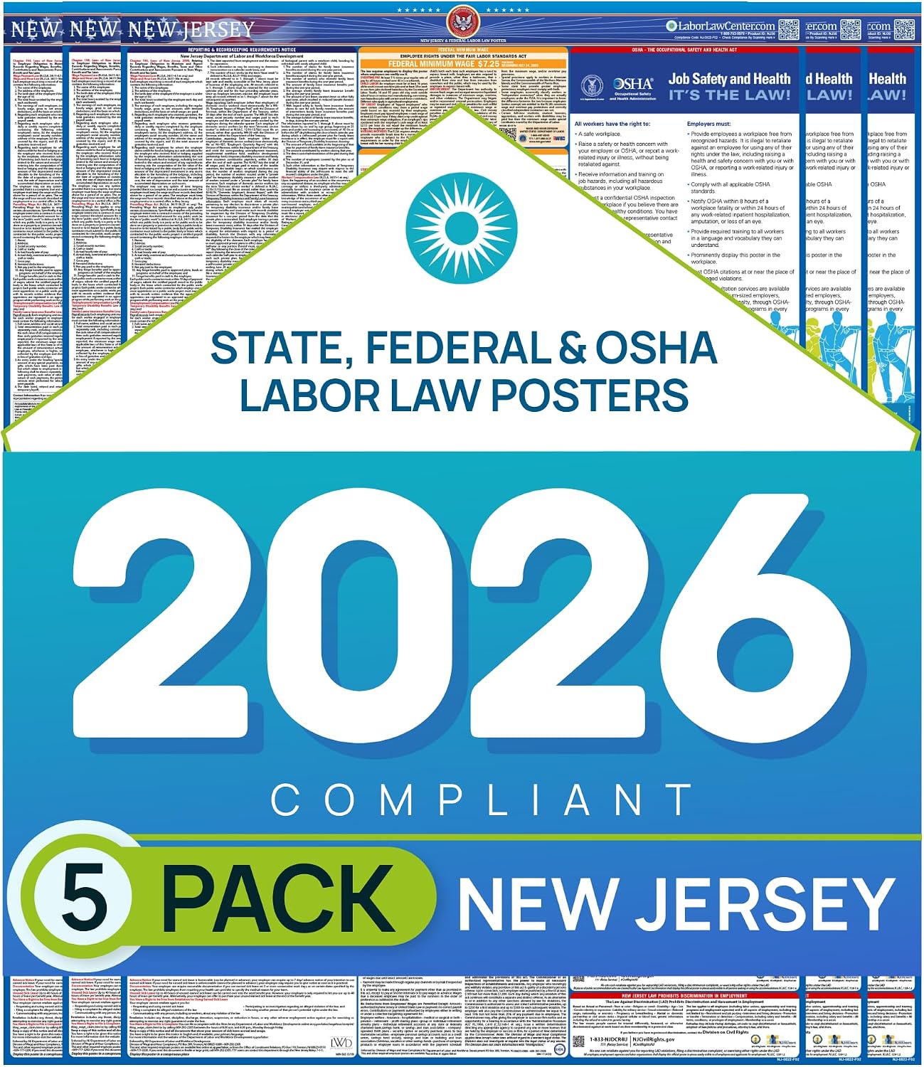 New Jersey 2026 Labor Law Poster – State & Federal Compliance – OSHA, EEOC, FMLA, Minimum Wage – Durable, Laminated & Waterproof Workplace Employment Poster – Made in USA – 26' x 39.5', 5-Pack