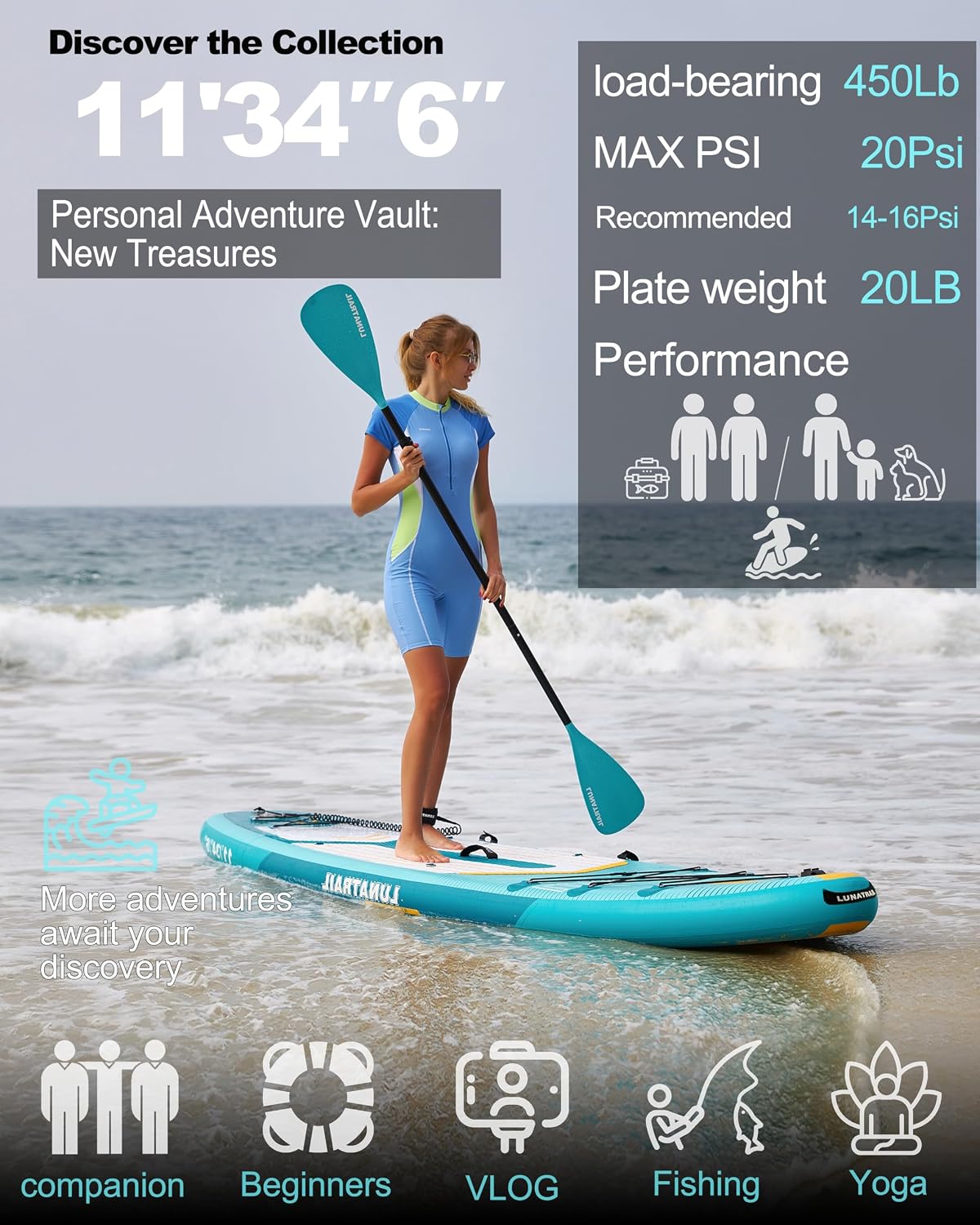 【11'×34'】 Extra Long/Extra Wide Premium Inflatable Stand Up Paddle Board (SUP) – Portable & Lightweight for Yoga, Surfing, Family Fun | Complete Kit with Paddle, Pump, Bag | Durable Design