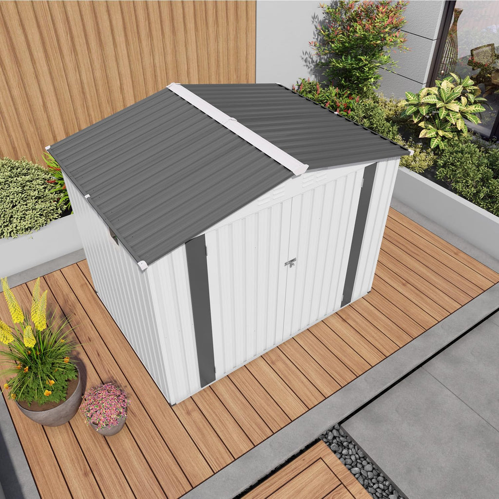 8x6 FT Outdoor Storage Shed, Metal Garden Shed with Window, Outside Tool Sheds with Lockable Hinged Doors, Waterproof Storage Building with 4 Air Vents for Backyard, Patio, Lawn, White