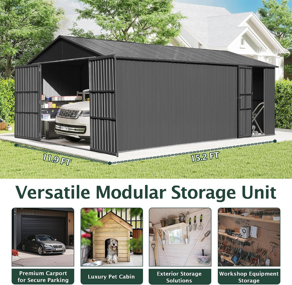 Domi 12'x15' Outdoor Metal Garage Shed, Weatherproof Enclosed Carport with Sidewalls & 2 Lockable Doors, Backyard Storage Shed for Car, Bike, Motorcycle, Lawn Mower, 80MPH Wind Resistance, Dark Grey