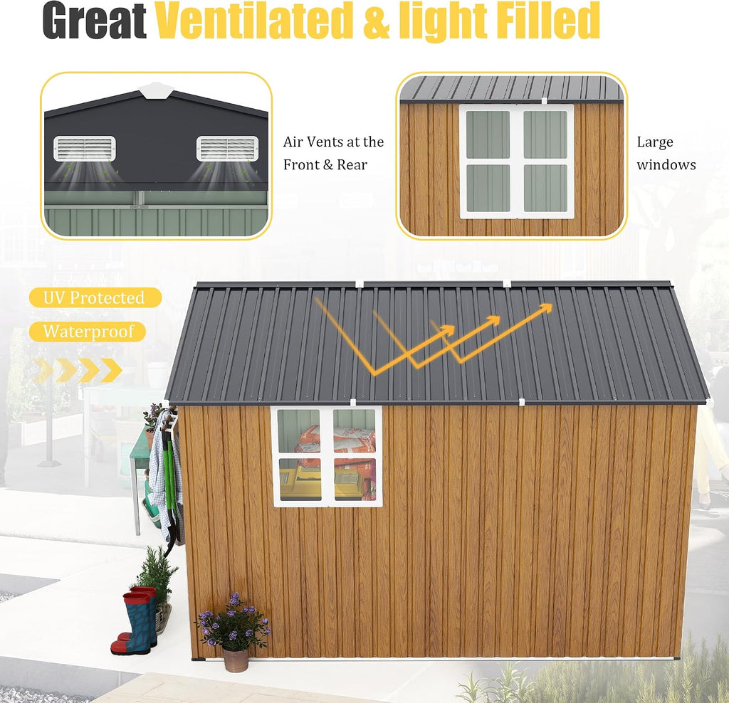 YOPTO 10x12 FT Outdoor Storage Shed,Extra Large Metal Garden Tool Shed with Lockable Doors,Windows & Air Vents,Dual-Zone Design Outside Steel Tiny House for Backyard, Patio Lawn,Yellow
