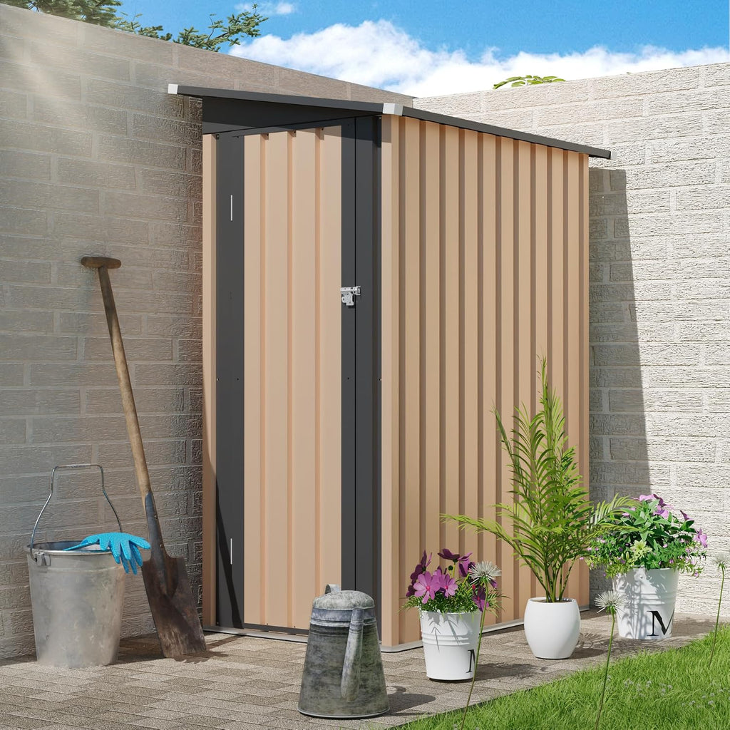 YOPTO 4.27x2.42 FT Outdoor Storage Shed, Metal Garden Tool Shed with Sloped Roof & Hinge Door for Backyard,Patio Lawn,Black+Brown
