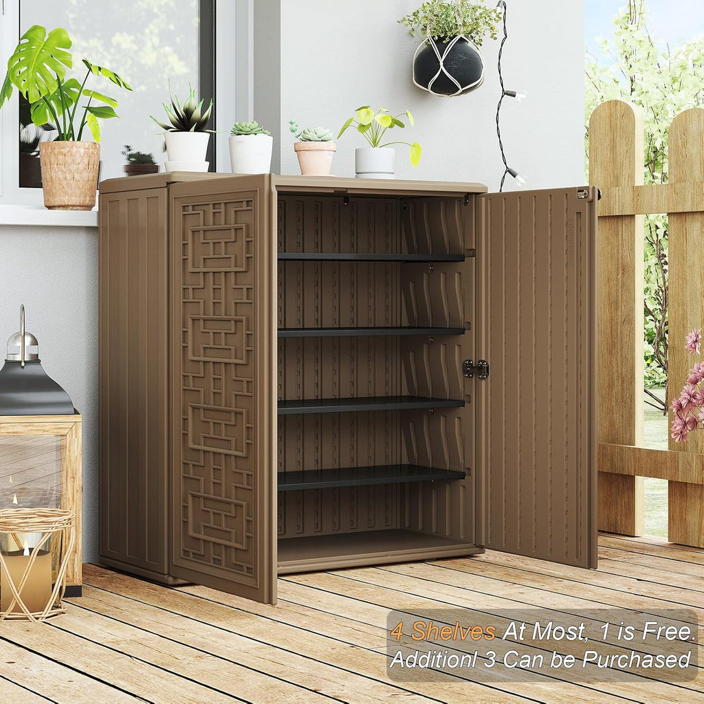 HOMSPARK Indoor/Outdoor Storage Cabinet with Doors and Shelf, 34'x16'x36' HDPE Plastic Storage Box for Patio, Balcony, Multi-Purpose for Tools, Brown