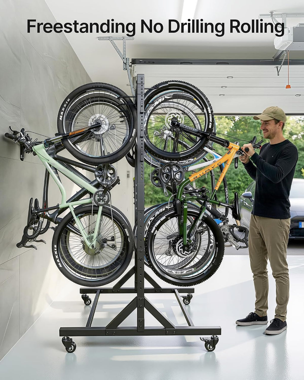 monTEK Freestanding Bike Storage Rack for 10 Bikes, Heavy Duty 617LBS Vertical Bike Stand with 10 Bike Hooks & 6 Helmet Hooks, Indoor and Outdoor Bike Storage Rack with Locking Casters