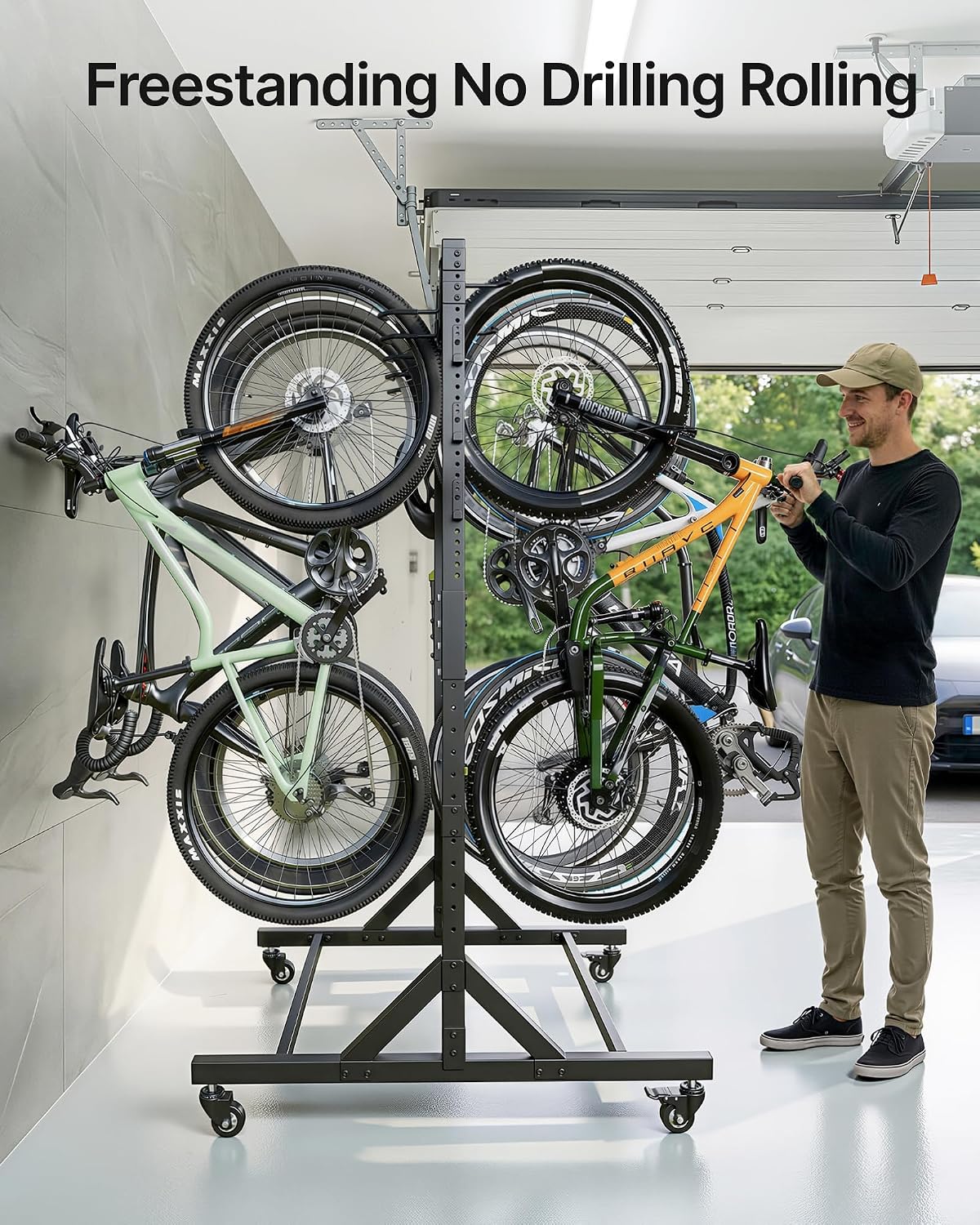 monTEK Freestanding Bike Storage Rack for 10 Bikes, Heavy Duty 617LBS Vertical Bike Stand with 10 Bike Hooks & 6 Helmet Hooks, Indoor and Outdoor Bike Storage Rack with Locking Casters