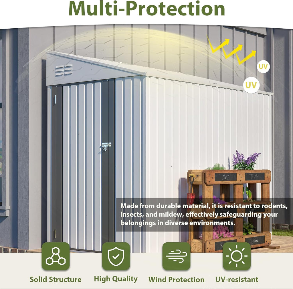 4x7 ft Lean to Metal Storage Shed, Galvanized Steel Outdoor Tool Shed with Vents & Sloped Roof, Space-Saving Backyard & Patio Storage, White